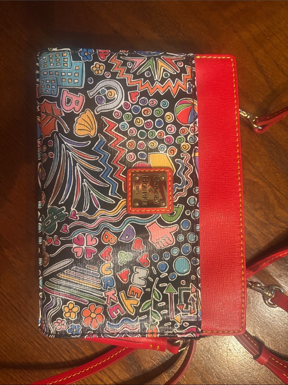 Dooney & Bourke Black Multicolor Doodle Crossbody with Red Trim